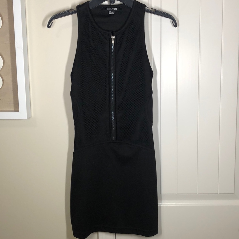 black mini dress with front zipper and mesh detail